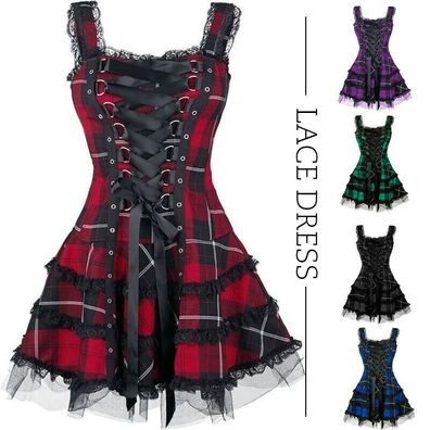 Neu Damen Gothic Vintage Kariertes Kleid Spitze Armellose Kleider Cosplay Kostum
