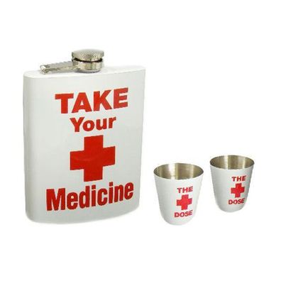 Angelo Flachmann Geschenkset Metall Weiß mit Medizin Design, 180ml, 3-teilig