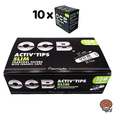 10 Pack OCB Activ Tips Slim Aktivkohle Filter à 50 Stück