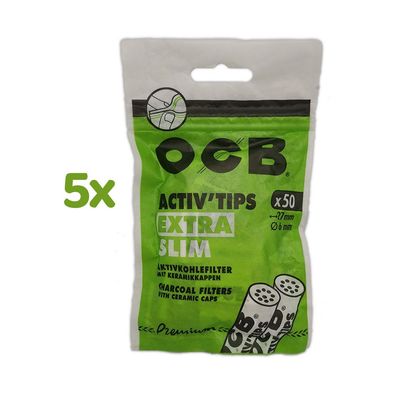 OCB Activ Tips Extra Slim, Aktivkohle-Filter, 5 Beutel