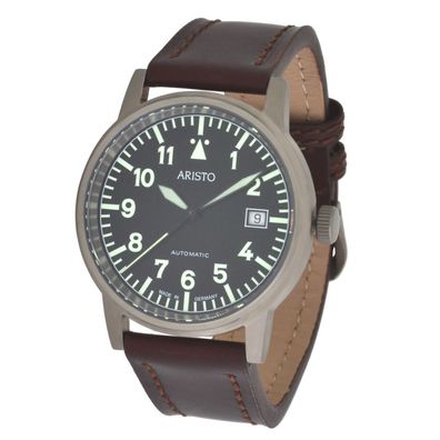 Aristo Unisex Automatik Beobachter Fliegeruhr 5H84 Titanium 10 ATM Leder SW200