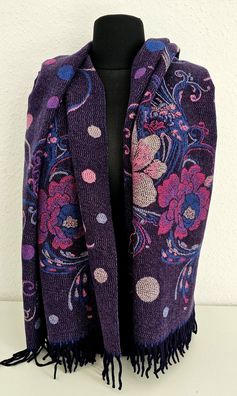 Edler XXL Winterschal Schal Tuch soft Viskose/Wolle Fransen Blumenprint/Punkte Blau