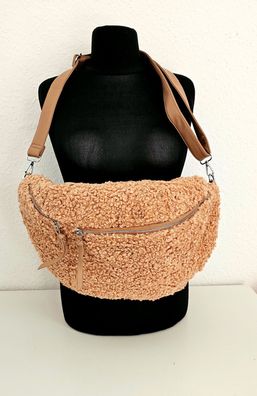 XXL Teddyfell Bauchtasche Gürteltasche Cross Body Bag Gurt einfarbig 2 RV Beige