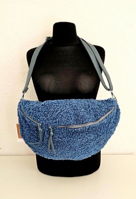 XXL Teddyfell Bauchtasche Gürteltasche Cross Body Bag Gurt einfarbig 2 RV Jeansblau