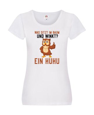 Was sitzt im Baum | Uhu Comic | Eule im Baum | Witz Damen Shirt Weiß