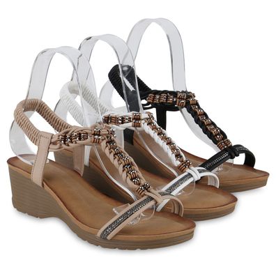 VAN HILL Damen Keilsandaletten Sandaletten Strass Leder-Optik Schuhe 841107