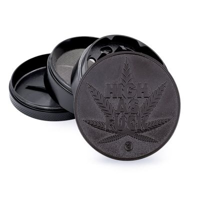 FIRE-FLOW Kräutermühle - High as Fuck, Metall schwarz, 60mm, 4-teilig