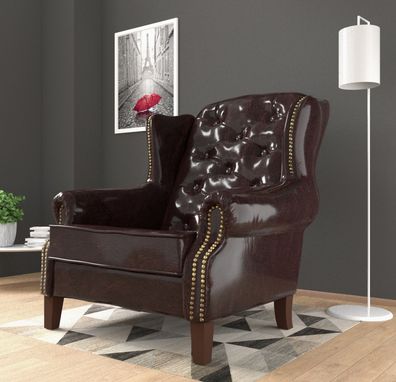 Serena - Chesterfield Ohrensessel mit Steppung und Holzfüßen aus veganem Leder