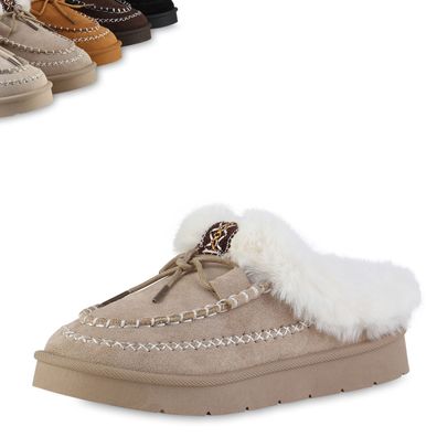 VAN HILL Damen Warm Gefüttert Pantoffeln Hausschuhe Bequem Kunstfell Schuhe 841826