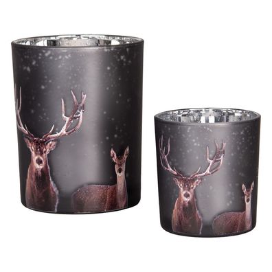 Clayre & Eef Teelichthalter 2er Set Ø 7x8 / 10x13 cm Grau Glas Hirsch