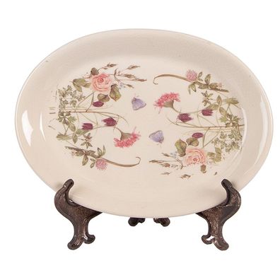 Clayre & Eef Unterteller 25x18x2 cm Beige Rosa Keramik Blumen (Gr. 25x18x2 cm)