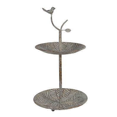 Clayre & Eef 2-Schicht-Etagere Ø 26x48 cm Grün Braun Metall Vogel (Gr. Ø 26x48 cm)