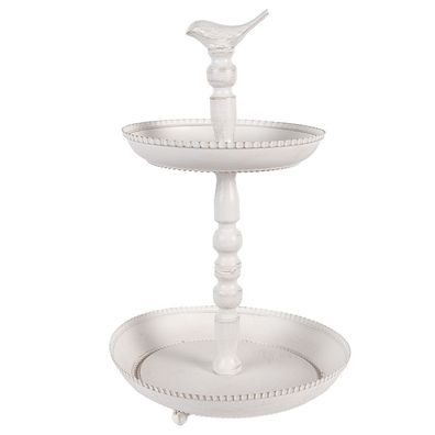 Clayre & Eef 2-Schicht-Etagere Ø 27x41 cm Weiß Metall Vogel (Gr. Ø 27x41 cm)