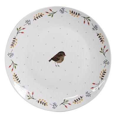 Clayre & Eef Frühstücksteller Ø 20 cm Weiß Keramik Vogel (Gr. Ø 20x2 cm)
