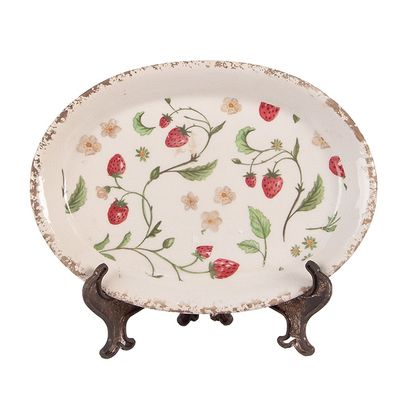 Clayre & Eef Unterteller 25x18x3 cm Beige Keramik Erdbeeren (Gr. 25x18x3 cm)