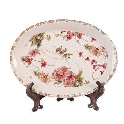 Clayre & Eef Unterteller 25x18x3 cm Beige Keramik Blumen (Gr. 25x18x3 cm)