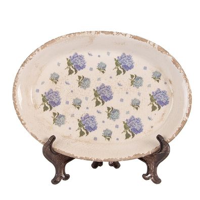 Clayre & Eef Unterteller 25x18x2 cm Beige Blau Keramik Blumen (Gr. 25x18x2 cm)