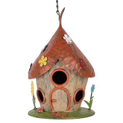 Clayre & Eef Vogelhaus ø 17x27/54 cm Beige Rot Metall (Gr. Ø 17x27/54 cm)