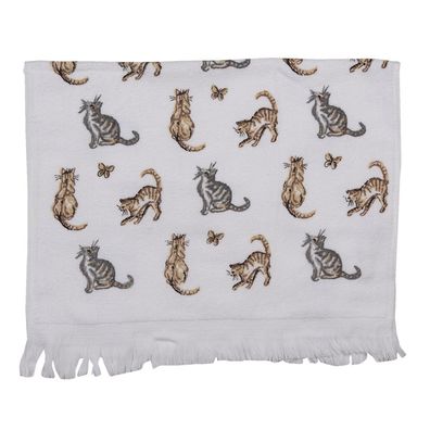 Clayre & Eef Gästehandtuch 40x66 cm Weiß Grau Baumwolle Katzen (Gr. 40x66 cm)