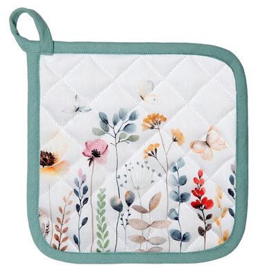 Clayre & Eef Topflappen 20x20 cm Weiß Grün Baumwolle Blumen (Gr. 20x20 cm)