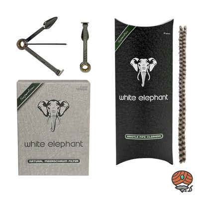 White Elephant Meerschaum 150 Filter 9mm, Bristle Reiniger + Pfeifenbesteck