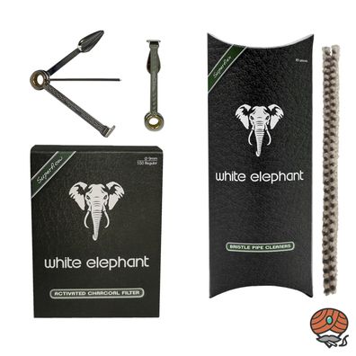 White Elephant 150 Aktivkohlefilter 9mm, Bristle Reiniger + Pfeifenbesteck
