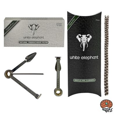 White Elephant Meerschaum 45 Filter 6mm + Bristle Reiniger + Pfeifenbesteck