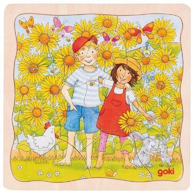 Goki Schichtenpuzzle Sonnenblumenfeld 35tlg. aus Holz Holzpuzzle Spielzeug 57324 Neu