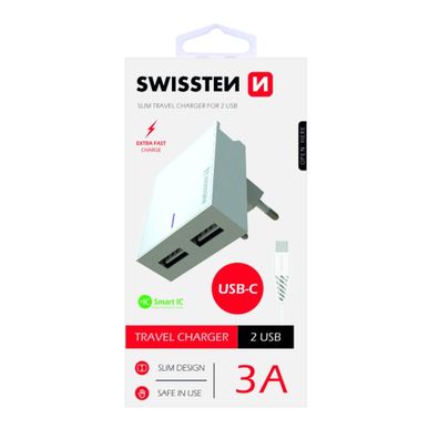 Swissten Premium Reiseladegerät USB 3? / 15 W mit USB-C-Kabel 1,2 m