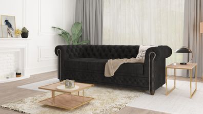 Alnem - Chesterfield Sofa 3-Sitzer aus Samt-Stoff mit Holzfüßen
