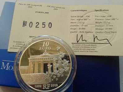 10 euro 2009 PP Frankreich 22,2g Silber Europa Mauerfall Unterschrift Christoph Beaux