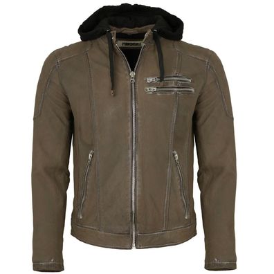 Punchball - Herren Lederjacke Kapuze Lammnubuk olive-braun antik