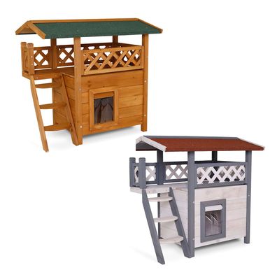 lionto Katzenhaus Lodge (Holz,77x50x73 cm) mit Terrasse und Treppe, (verschiedene