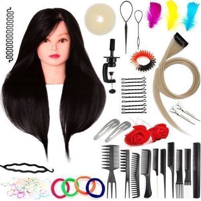Trainingskopf Ela 55 cm schwarz Naturhaar mit Halterung Friseur Übungskopf zum Kämmen