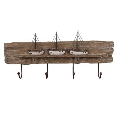 Clayre & Eef Wandgarderobe 4 Haken 63x8x27 cm Braun Holz Boote (Gr. 63x8x27 cm)