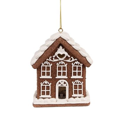 Clayre & Eef Weihnachts-Anhänger mit LED Lebkuchenhaus 9x6x10 cm Braun Polyresin