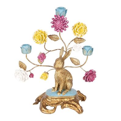 Clayre & Eef Kerzenständer 30x16x37 cm Goldfarbig Kunststoff Kaninchen Blumen