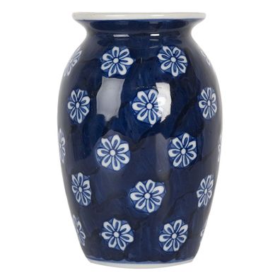 Clayre & Eef Vase Ø 10x15 cm Blau Weiß Keramik Blumen (Gr. Ø 10x15 cm)