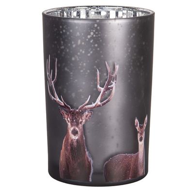 Clayre & Eef Teelichthalter Ø 12x18 cm Grau Glas Hirsch (Gr. Ø 12x18 cm)