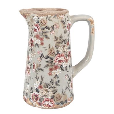 Clayre & Eef Dekorative Kanne 16x11x20 cm Grau Keramik Blumen (Gr. 16x11x20 cm)