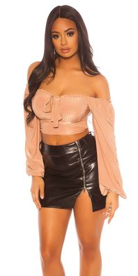 Sexy Miss Damen Girly Crop Top Langarm Bluse Shirt off Shoulder 34/36/38 braun