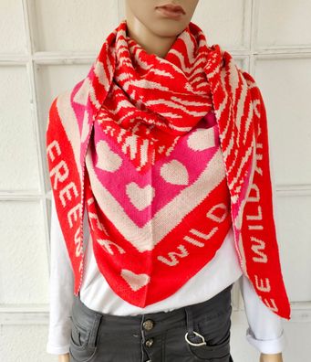 XXL Dreieckstuch Schal Viskose Wolle Animal/Herzen WILD AND FREE Rot/Pink/Beige