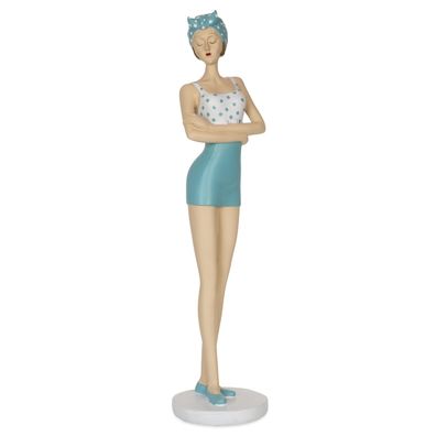Dekofigur Dame im türkisfarbenen Vintage-Badeanzug mit gepunktetem Kopftuch