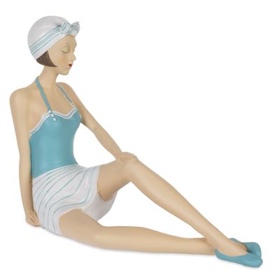 Dekofigur Frau im Retro Badeanzug aus Polyresin sitzend türkis weiß 19,5 x 7 x