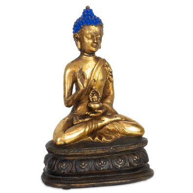 Buddhafigur goldfarben mit blauer Haarkrone 14,5 x 10,5 x 22 cm - sitzende Buddha