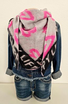XXL Dreieckstuch Halstuch Schal Viskose Wolle Herzen HAPPY LIFE Grau/Pink/Schwarz