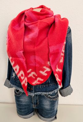 XXL Dreieckstuch Halstuch Schal Viskose Wolle Herzen HAPPY LIFE Rot/Pink/Weiß