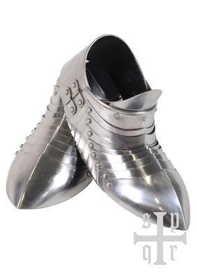 Mittelalterliche Sabatons, Panzerschuhe, 14. Jh., 1,5 mm Stahl, Paar