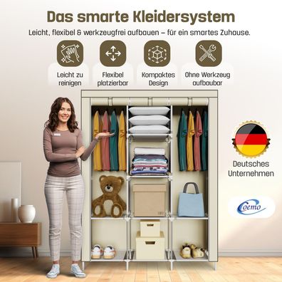 Faltbarer Kleiderschrank Stoffschrank, Stahlgestell mit 2 Kleiderstangen Regalen