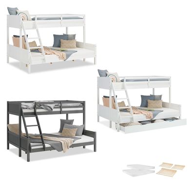 Kinderbett Etagenbett 90x200 und 140x200 2 Matratzen Weiß Grau Holz Doppelstockbet